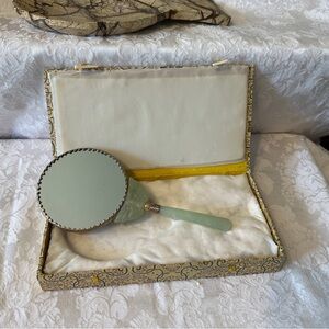 Elegant Green Jade Handled Porcelain Painted Mirror with Box